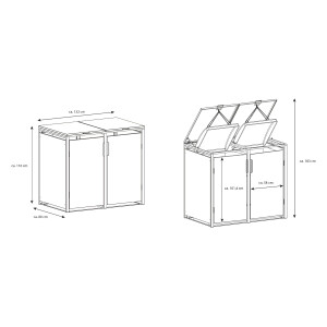 Mülltonnenbox für 2 Tonnen, 132 × 80 × 116 cm, Stahl anthrazit, Gasdruckfeder-Deckel