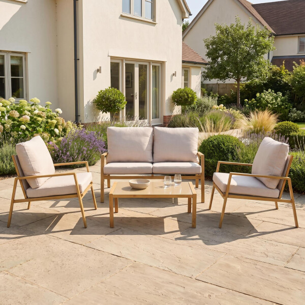 Palamos Lounge-Set 4-teilig – Aluminium in Holzoptik mit Kissen, Sofa, 2 Sessel, Tisch