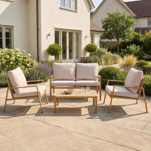 Palamos Lounge-Set 4-teilig – Aluminium in Holzoptik mit Kissen, Sofa, 2 Sessel, Tisch
