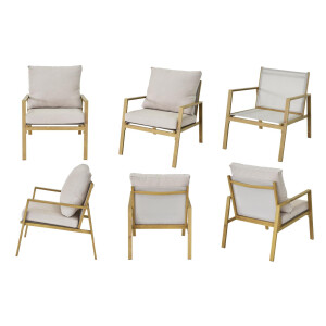 Palamos Lounge-Set 4-teilig – Aluminium in Holzoptik mit Kissen, Sofa, 2 Sessel, Tisch