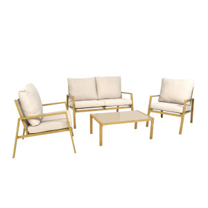 Palamos Lounge-Set 4-teilig – Aluminium in Holzoptik mit Kissen, Sofa, 2 Sessel, Tisch
