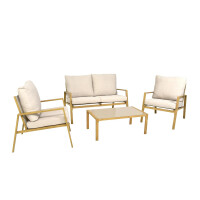 Palamos Lounge-Set 4-teilig – Aluminium in Holzoptik mit Kissen, Sofa, 2 Sessel, Tisch