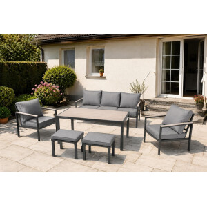 Rialto Dining Lounge 6-teilig – Aluminium anthrazit, Holzoptik, Polster hellgrau