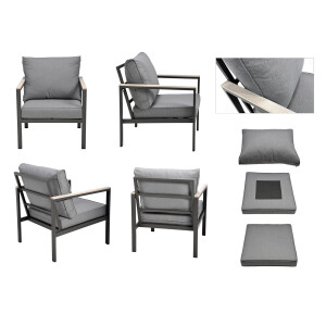 Rialto Dining Lounge 6-teilig – Aluminium anthrazit, Holzoptik, Polster hellgrau