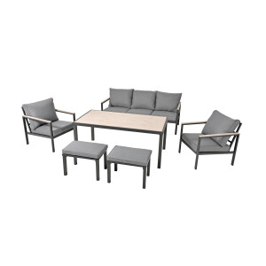 Rialto Dining Lounge 6-teilig – Aluminium anthrazit, Holzoptik, Polster hellgrau