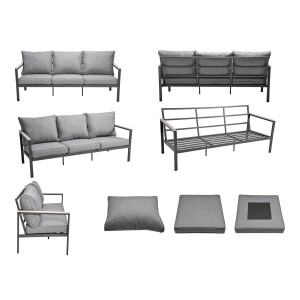 Rialto Dining Lounge 6-teilig – Aluminium anthrazit, Holzoptik, Polster hellgrau